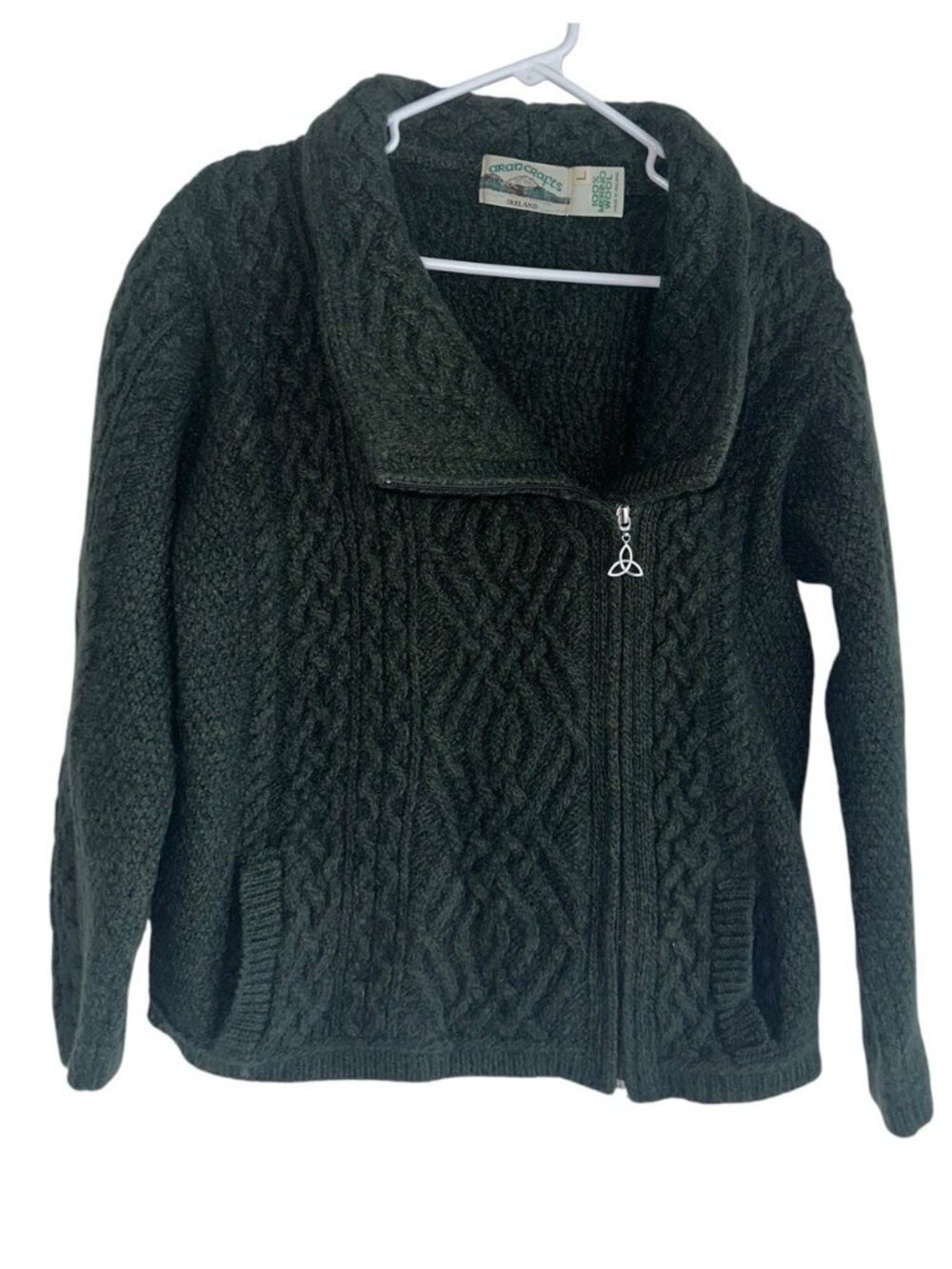 Aran Crafts Sweater Womens L Green Merino Wool Side Zip Cardigan Jacket Ireland